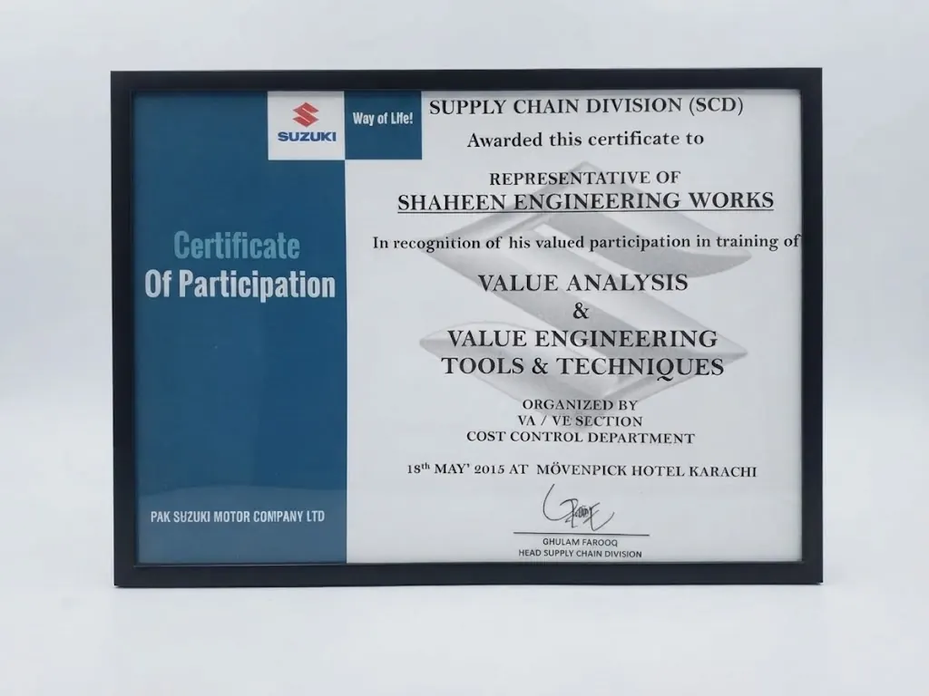 Value Analysis & Value Engineering Training Certificate, Pak Suzuki Motor Co. Ltd., Supply Chain Division, VA/VE Section, Cost Control Department, Mövenpick Hotel Karachi, 18 May 2015